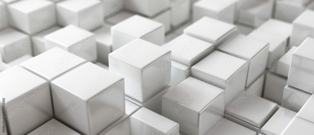 Poster a close-up view of white cubes arranged in a 3d space, creating a modern abstract design.