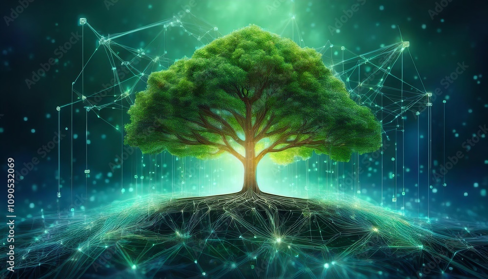 Poster a vibrant tree stands on a glowing networked base, symbolizing the connection between nature and tec