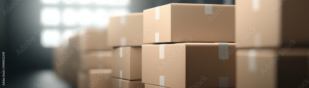 Poster a close-up view of neatly stacked cardboard boxes in a dimly lit warehouse, emphasizing organization