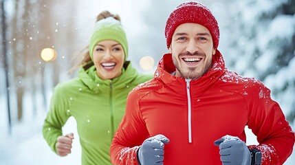Cardio Christmas workout concept.A joyful couple runs in the snow, dressed in vibrant winter gear, showcasing fitness and fun in a picturesque winter landscape.