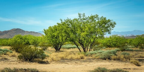Fototapeta premium Lush green trees and vibrant bushes contrast against the arid desert landscape, showcasing the remarkable resilience of green trees in such a dry environment dominated by the desert.