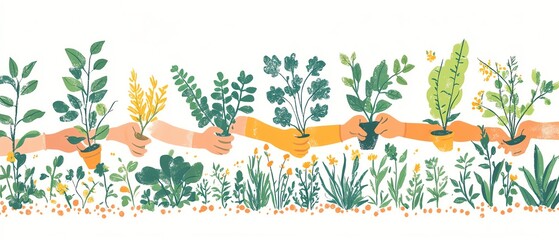 Naklejka premium A group of hands planting trees and cultivating crops in a community garden, symbolizing local food production, sustainability, and the restoration of natural habitats