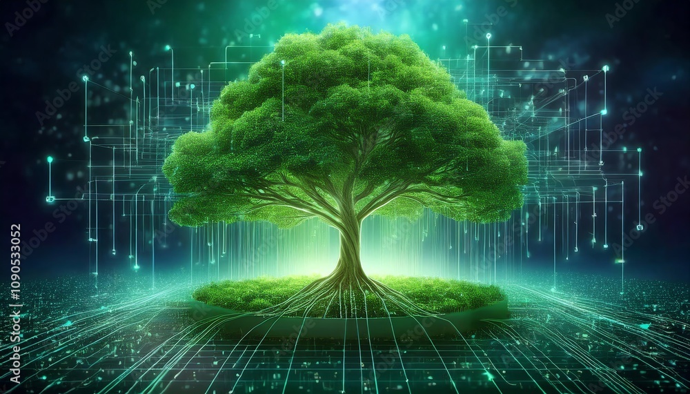 Poster a vibrant, digitally enhanced tree stands at the center, surrounded by glowing patterns and data str