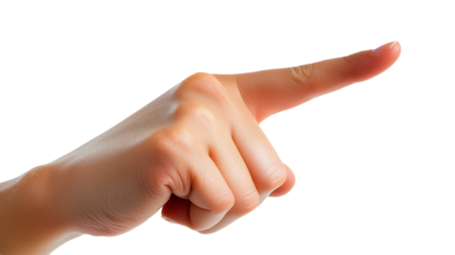 Poiting up with finger on transparent background, Man pointing finger, close-up


