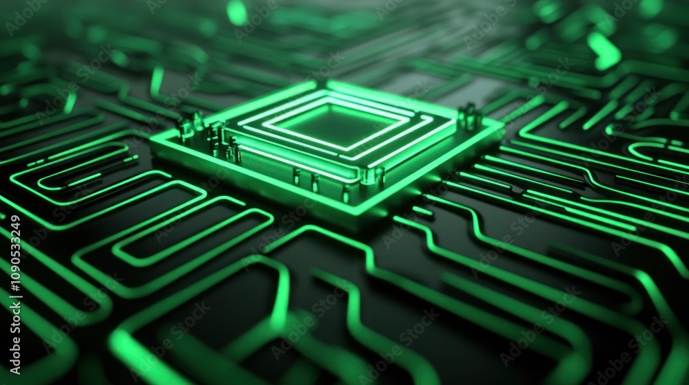 Poster a close-up view of a green circuit board with intricate patterns and a central processor.
