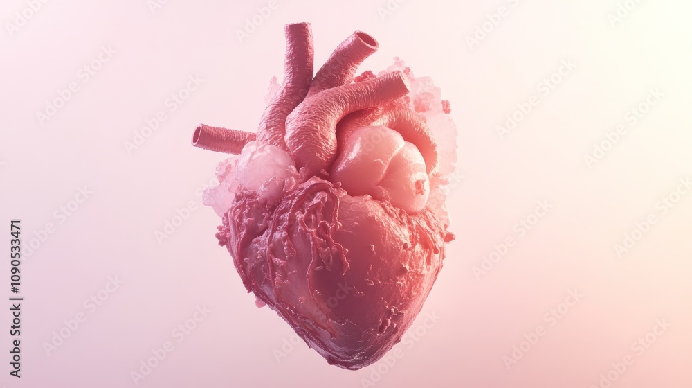 Poster a detailed, stylized representation of a human heart in a soft color gradient.