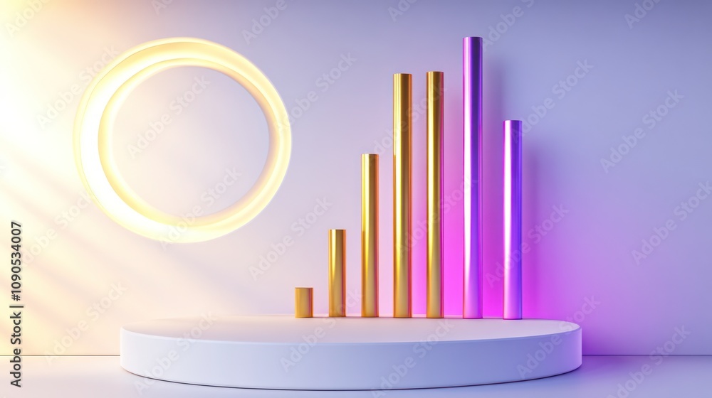 Poster a modern display featuring colorful bars and a circular light, ideal for presentations.