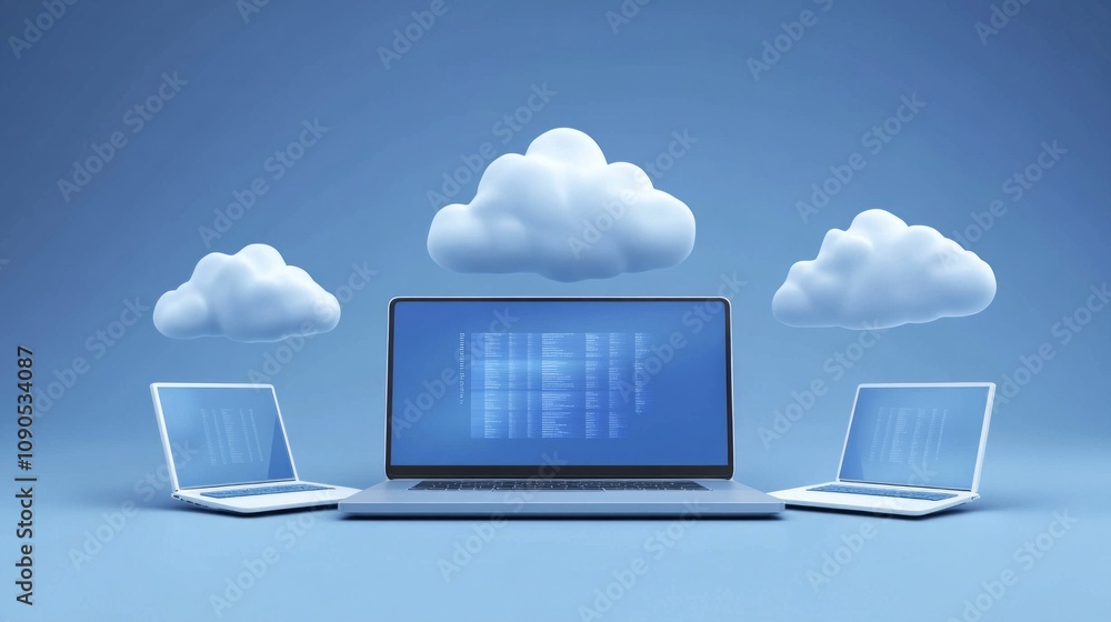 Poster a laptop is shown with three clouds in the background