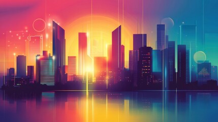 Vibrant City Skyline at Sunset with Colorful Hues and Reflections in Water, Capturing Urban Life and Dynamic Architecture in an Artistic Style