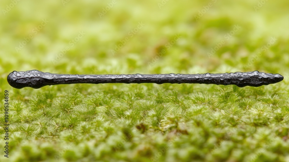 Poster a thin, elongated object resting on a mossy surface, possibly a natural or crafted item.