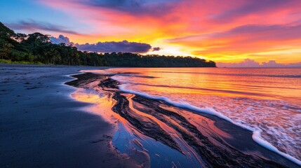 Obraz premium Stunning sunset over tranquil beach tropical location nature photography serene atmosphere coastal view