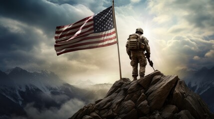 A male soldier of Caucasian descent stands on a rocky peak, proudly gazing at the American flag against a dramatic sky.