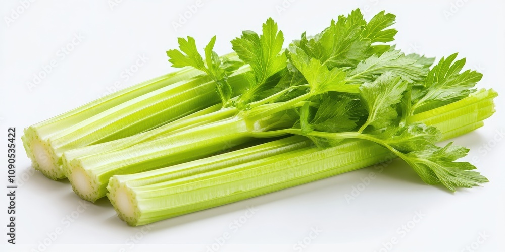 Poster fresh celery displayed in isolation against a clean white background, highlighting the vibrant color