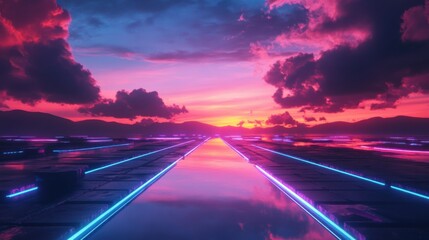 Obraz premium Futuristic Landscape with Neon Lights and Vibrant Sunset Over Calm Water, Dramatic Clouds Reflecting in Still Surface, Technology InspiredScenery, Surreal Digital Art