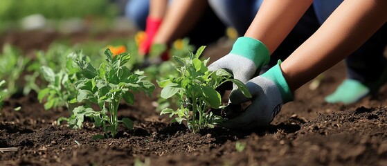 Naklejka premium Hands planting trees and crops in a community garden, showcasing the importance of local food production, habitat restoration, and community engagement for sustainability