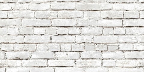 Fototapeta premium Seamless white brick wall background featuring a whitewash brickwork texture. This abstract gray backdrop showcases white brickwork with slight damages, highlighting an aged, lime washed wall