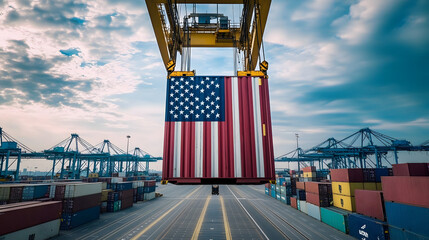 Fototapeta premium Port crane lifting American flag container symbolizing global shipping and trade from the USA