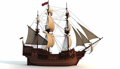 illustration of a medieval sailing ship model isolated on white background