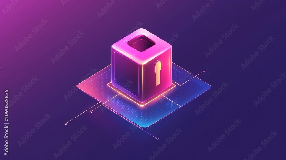 Poster a stylized lock icon on a glowing platform, symbolizing security and protection.