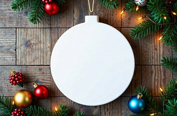 White flat ornament mockup. Plain white flat circle ceramic christmas ornament with a gold string, on wooden background with pine branches, red balls and yellow lights