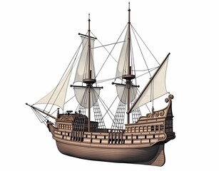Naklejka premium illustration of a medieval sailing ship model isolated on white background