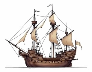 illustration of a medieval sailing ship model isolated on white background