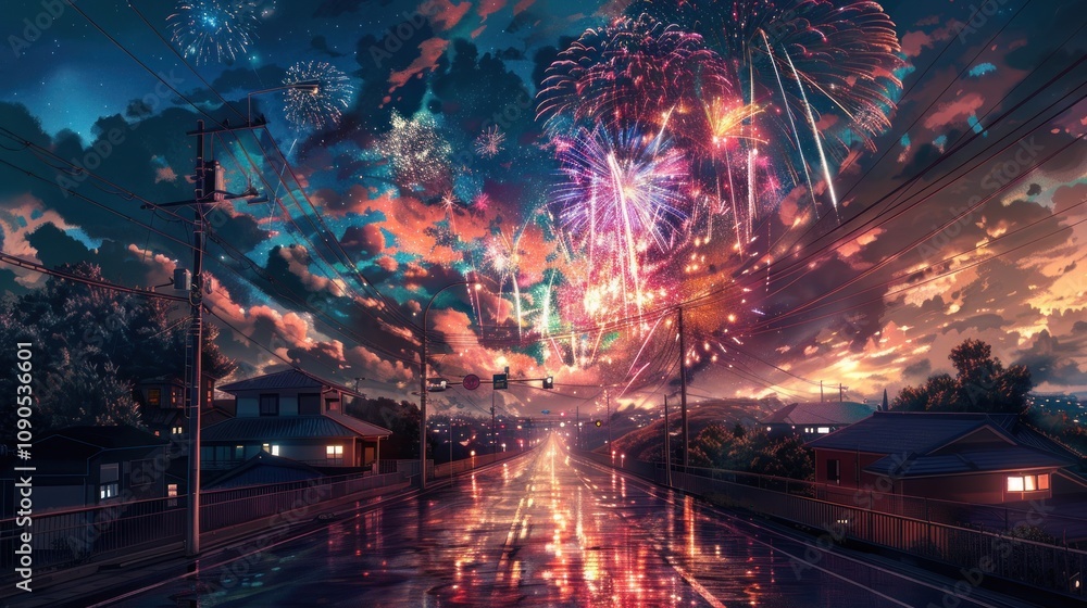 Poster a vibrant display of fireworks explodes over a small town, illuminating the night sky with a dazzlin