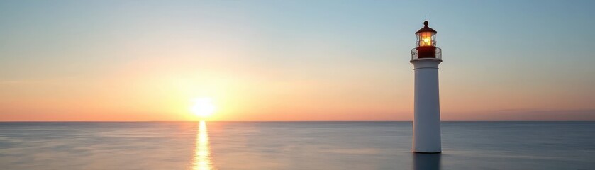 Fototapeta premium A serene lighthouse stands by the calm sea at sunset, casting its light across the water as the sun sets on the horizon.