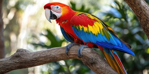 Obraz premium Closeup photo of a vibrant parrot perched on a tree, showcasing the parrot s colorful plumage and intricate details in this stunning parrot imagery. Perfect for wildlife and nature enthusiasts.