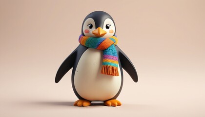 Obraz premium A playful clay figure of a penguin with a colorful scarf, standing on a simple neutral surface, Generative AI