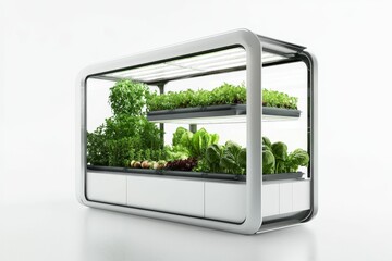 Indoor vertical garden in a white structure.