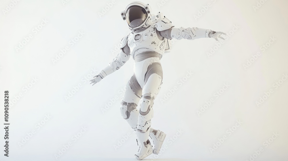 Poster a futuristic astronaut in a sleek white suit performing a dance move against a minimal backdrop.