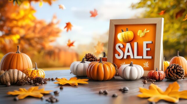 A festive Thanksgiving sale flyer with vibrant fall colors and symbols like pumpkins and autumn leaves, highlighting bold discount offers in large fonts.