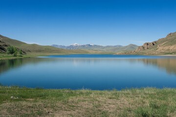 Obraz premium Serene lake, mountains, clear sky.
