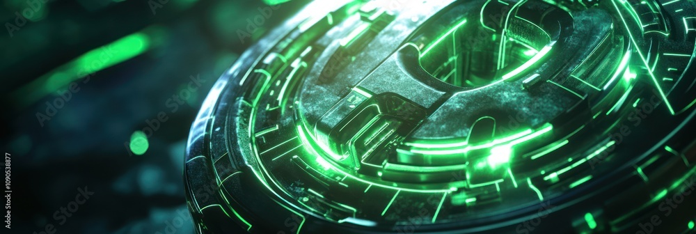 Fototapete a futuristic, glowing green circuit design with intricate patterns and a metallic surface.