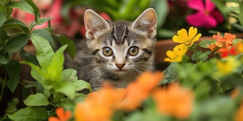 Charming kitten surrounded by vibrant blooming plants in a lush garden. This beautiful cat adds a delightful touch to the serene garden atmosphere filled with blooming plants.