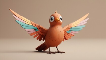 Fototapeta premium A small clay bird with long, delicate wings and a round body, perched on a neutral backdrop, Generative AI
