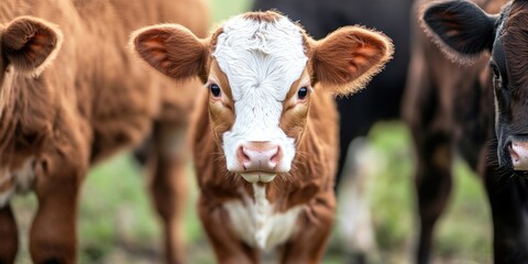 A close up view of calves standing, showcasing the unique features and characteristics of these young animals. This close up highlights the beauty of calves in their natural setting.