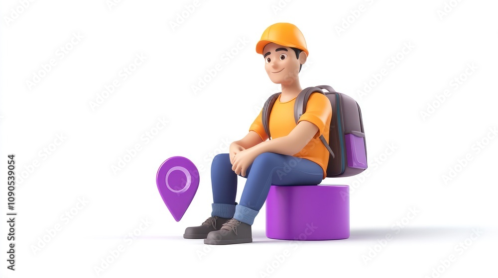 Poster a cartoon character in work attire sits on a purple block, symbolizing location or navigation.