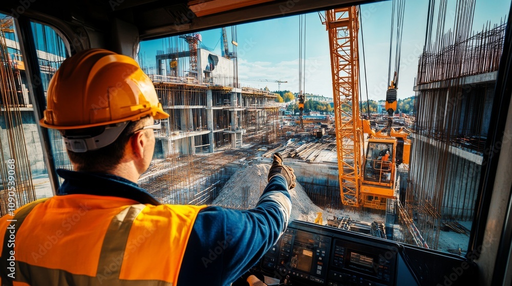 Poster an intimate view of a crane operator in a tower crane cabin, lifting heavy materials on a skyscraper