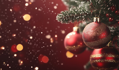 A beautiful Christmas ornament covered in snow, hanging from a festive branch on red xmas background.