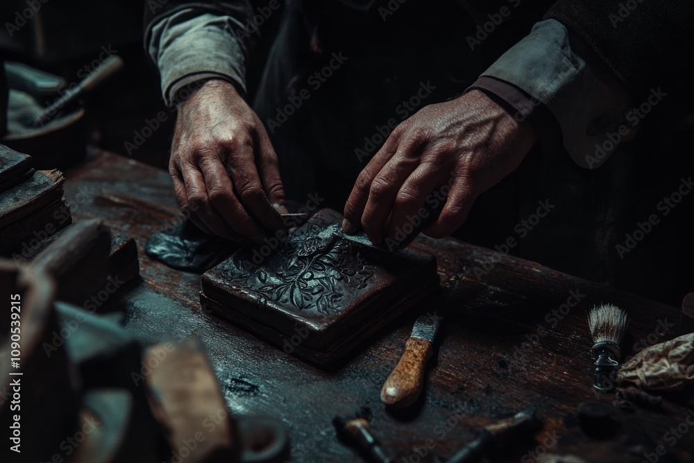Poster hands crafting intricate designs on a wooden surface with tools in a workshop setting.