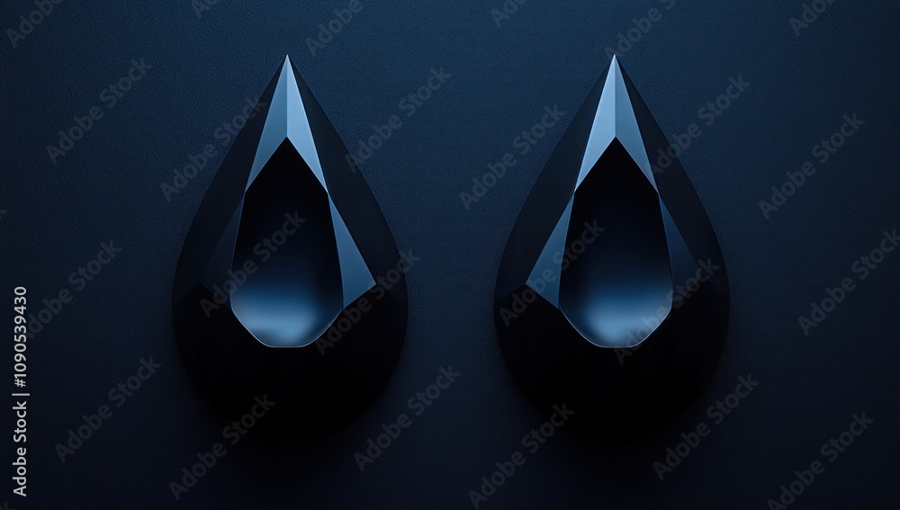 Poster Two glossy, black, teardrop-shaped objects on a dark background.