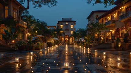 Serene evening setting with illuminated pathways and lush surroundings.