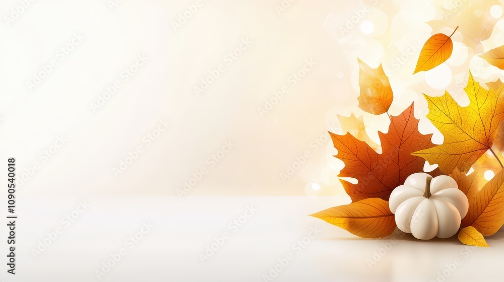 Poster a minimalist thanksgiving background with delicate autumn leaves and a soft bokeh effect, offering a