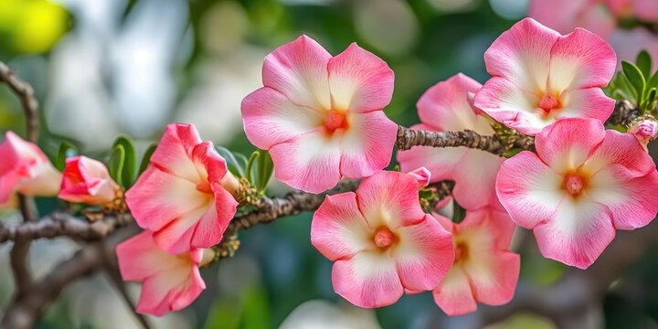 Vibrant pink bignonia flowers, also known as Adenium flowers, showcase the beauty of pink Desert Rose varieties on trees. Experience the allure of fresh pink flowers perfect for garden backgrounds.