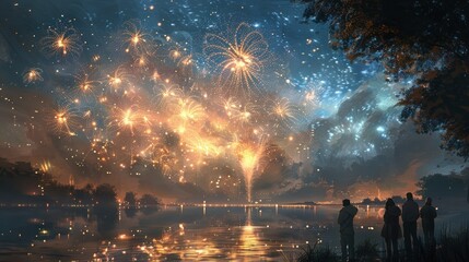 Fototapeta premium A vibrant fireworks display over a serene lake at night.