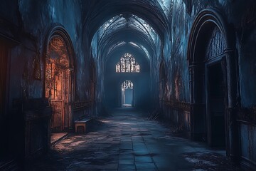 Fototapeta premium A dimly lit, abandoned corridor with ornate arches and a mysterious atmosphere.