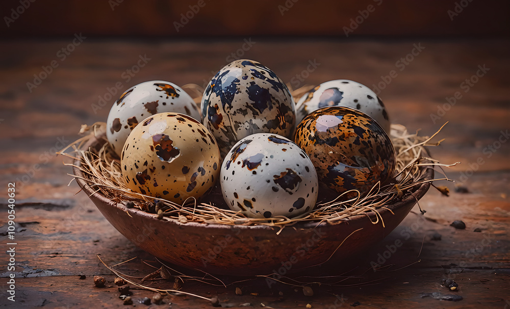 Aufkleber a wooden bowl filled with eggs, some of which are brown and white. the bowl is placed on a wooden su