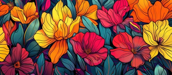 Fototapeta premium Vibrant floral illustration with colorful flowers and leaves.
